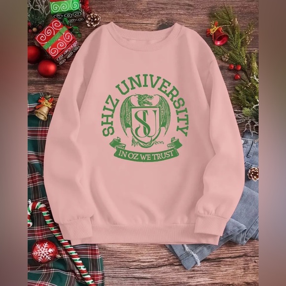 📚🐐Wicked Musical Elphaba-Inspired Shiz University Peach Crewneck Sweatshirt Sz L - Picture 1 of 9